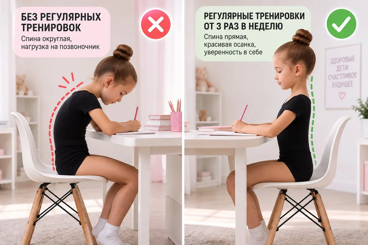 Сравнение осанки: без регулярных тренировок спина округлая, при регулярных тренировках спина прямая